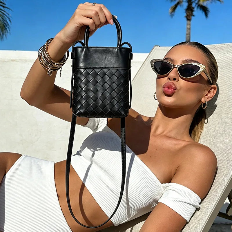New Sheepskin Woven Women's Bags Casual Fashion Ladies Handbags Crossbody Bags Genuine Leather Small Bags Mobile Phone Bags