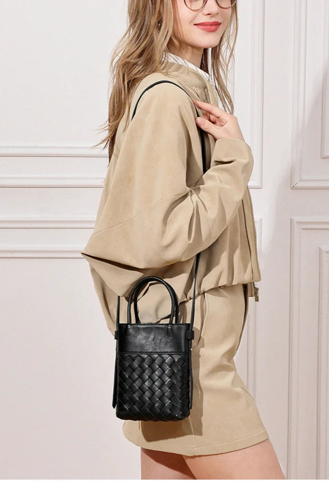 New Sheepskin Woven Women's Bags Casual Fashion Ladies Handbags Crossbody Bags Genuine Leather Small Bags Mobile Phone Bags