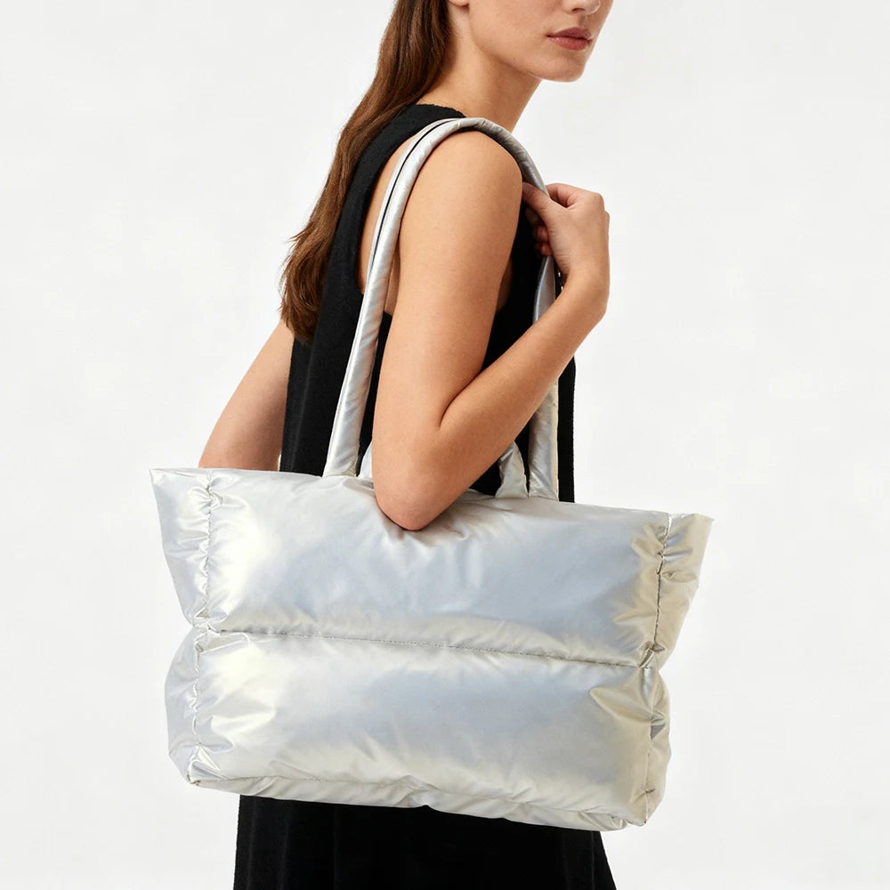 New Silver Soft Puffy Bag Fashion Padded Large Tote Bag Designer Puffer Women Shoulder Bags Nylon Waterproof Lady Handbag