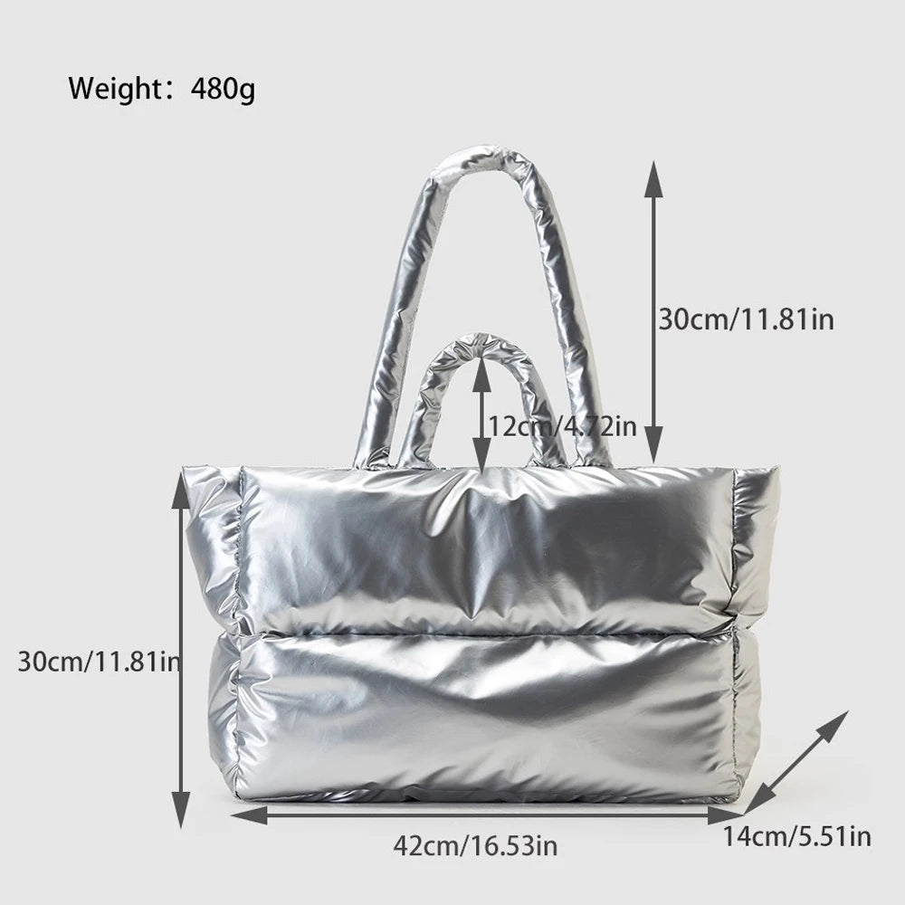 New Silver Soft Puffy Bag Fashion Padded Large Tote Bag Designer Puffer Women Shoulder Bags Nylon Waterproof Lady Handbag