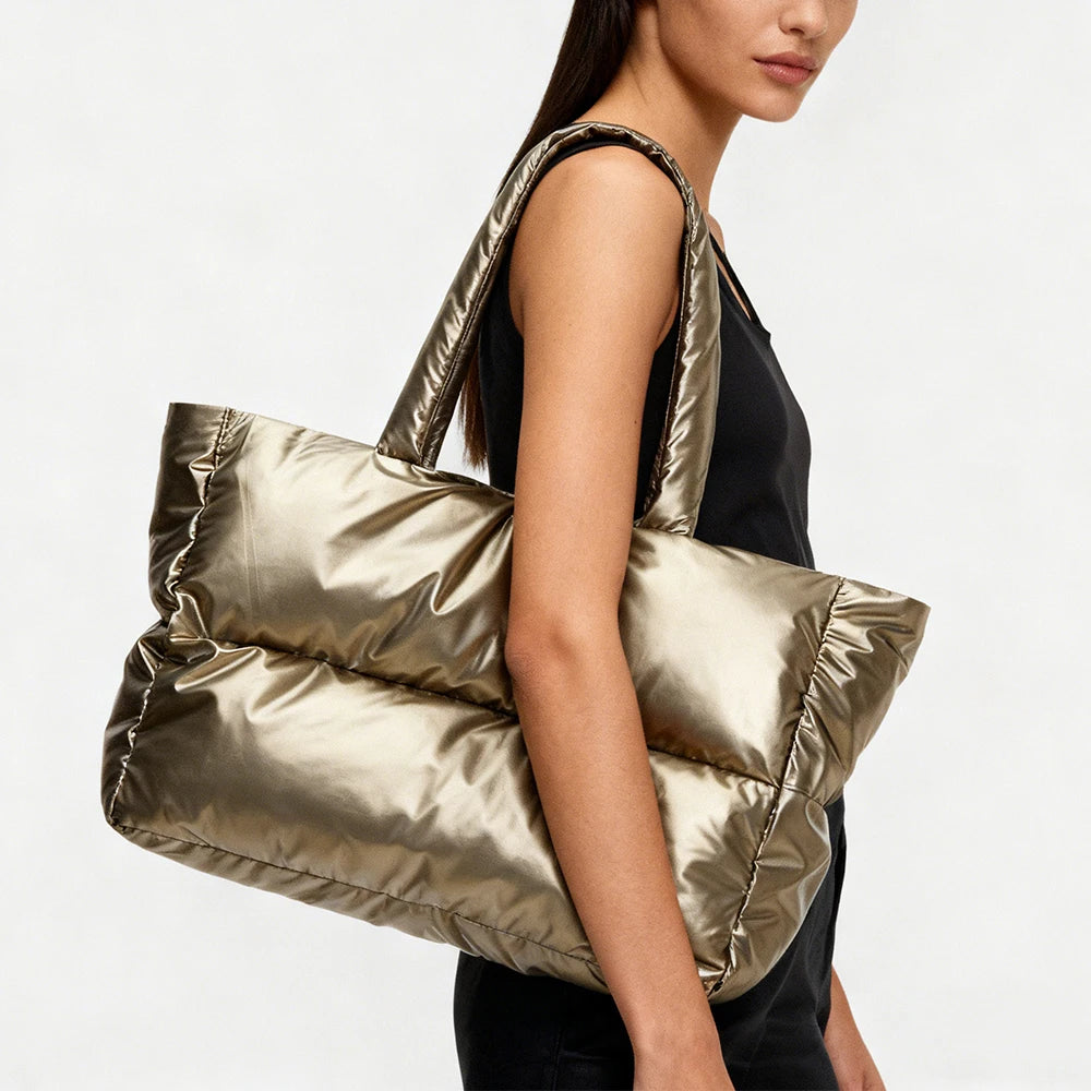 New Silver Soft Puffy Bag Fashion Padded Large Tote Bag Designer Puffer Women Shoulder Bags Nylon Waterproof Lady Handbag