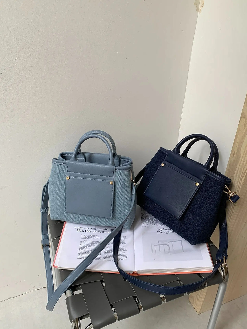 New Style Denim Leather Small Square Bag High Textile Fashionable Contrast Color Large Capacity Handbag Zipper Closure