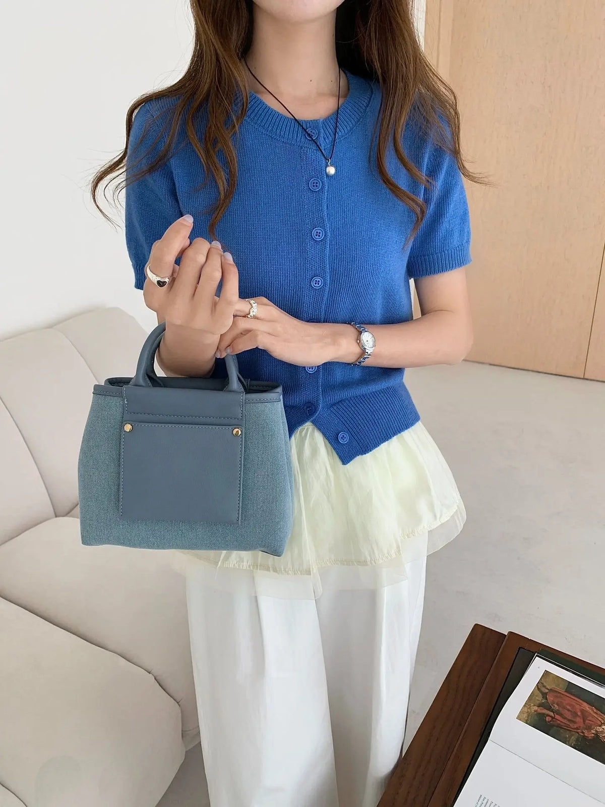 New Style Denim Leather Small Square Bag High Textile Fashionable Contrast Color Large Capacity Handbag Zipper Closure