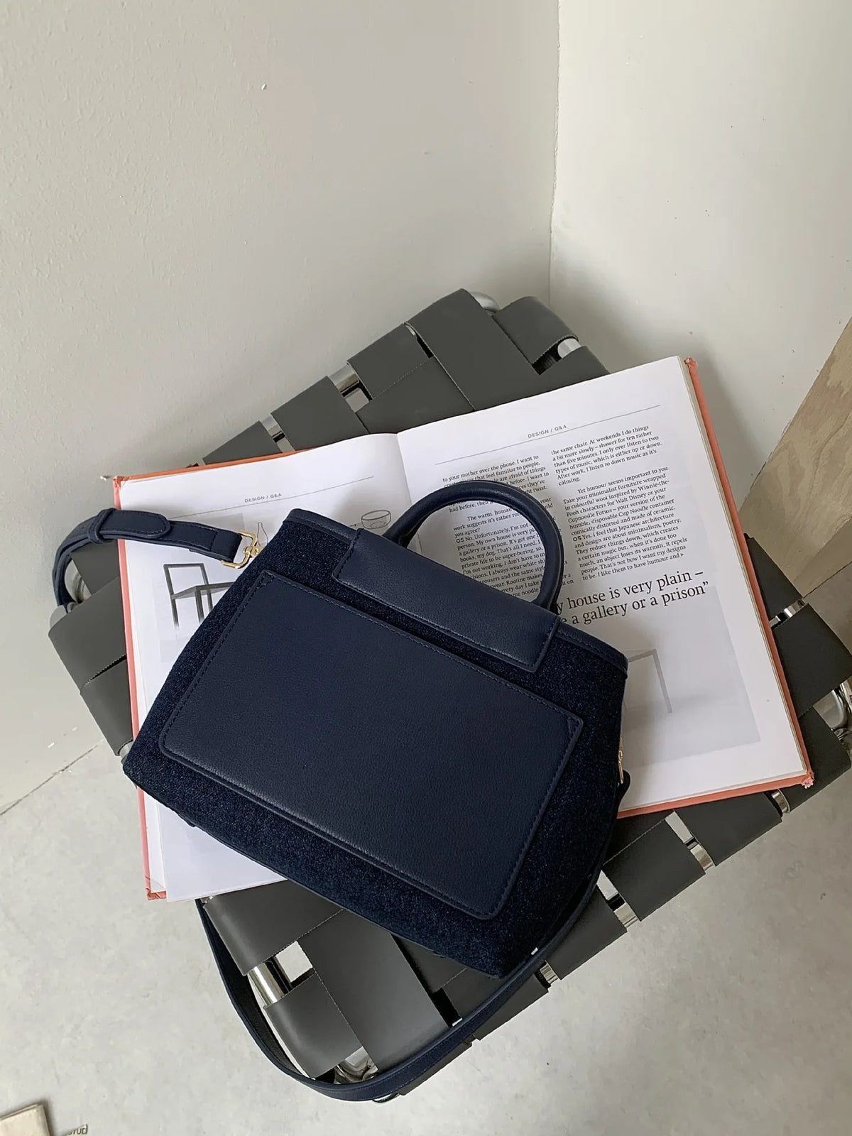 New Style Denim Leather Small Square Bag High Textile Fashionable Contrast Color Large Capacity Handbag Zipper Closure