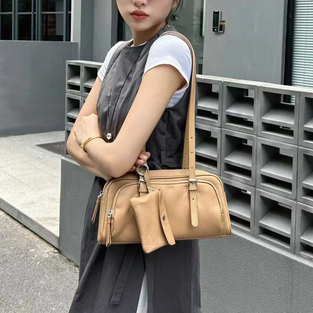 OEM 2026 Manufacturer Genuine Leather Fashion Vintage Casual Medium Ladies Handbag Women's Zip Closure Shoulder Bag