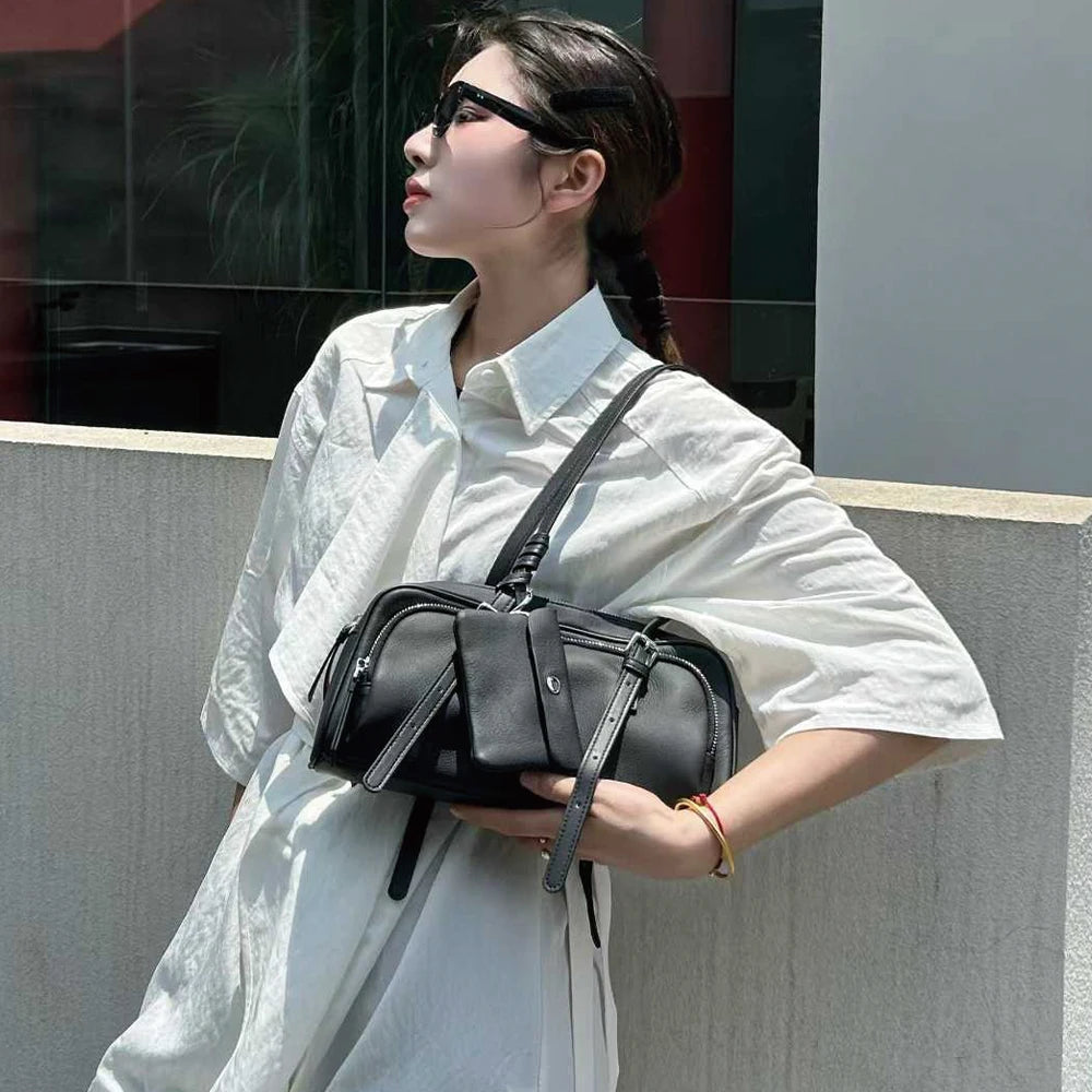 OEM 2026 Manufacturer Genuine Leather Fashion Vintage Casual Medium Ladies Handbag Women's Zip Closure Shoulder Bag