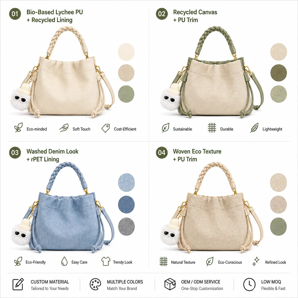 OEM Custom Crinkled Bucket Bag, Braided Drawstring Handle, Gold-Tone Hardware, Slouchy Crossbody Shoulder Bag for Wholesale