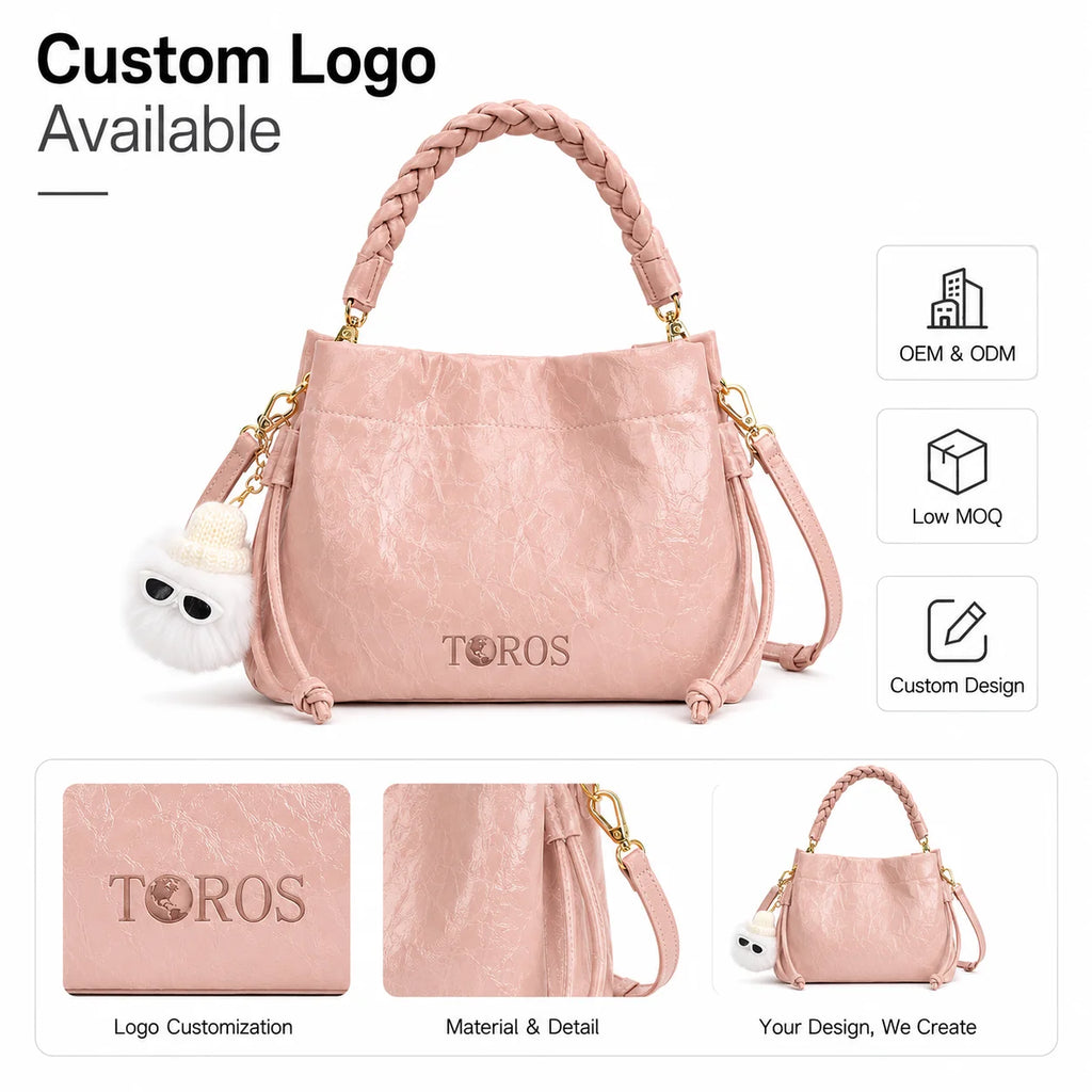 OEM Custom Crinkled Bucket Bag, Braided Drawstring Handle, Gold-Tone Hardware, Slouchy Crossbody Shoulder Bag for Wholesale