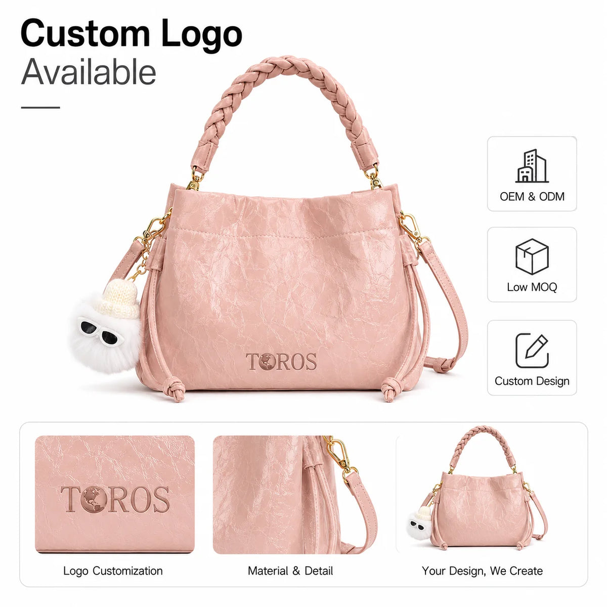 OEM Custom Crinkled Bucket Bag, Braided Drawstring Handle, Gold-Tone Hardware, Slouchy Crossbody Shoulder Bag for Wholesale