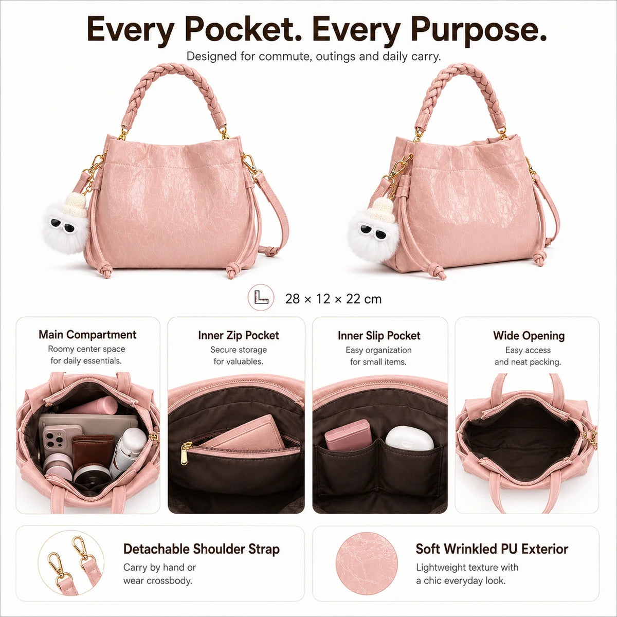 OEM Custom Crinkled Bucket Bag, Braided Drawstring Handle, Gold-Tone Hardware, Slouchy Crossbody Shoulder Bag for Wholesale