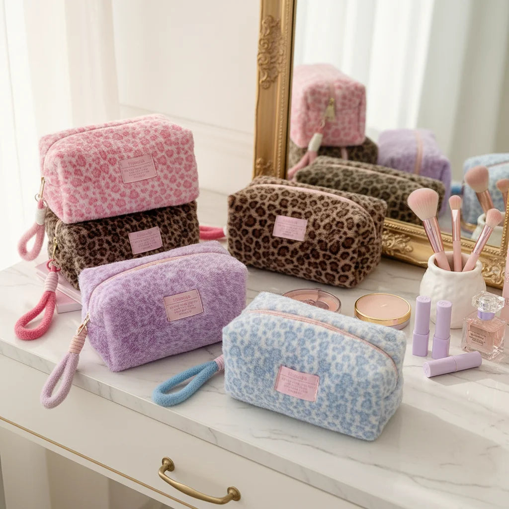 OEM Korean-style Large Capacity Portable Skincare Winter Leopard Print Plush Hand-held Zipper Handbag Clutch Bag for Girls