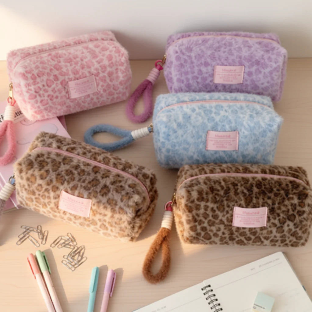 OEM Korean-style Large Capacity Portable Skincare Winter Leopard Print Plush Hand-held Zipper Handbag Clutch Bag for Girls
