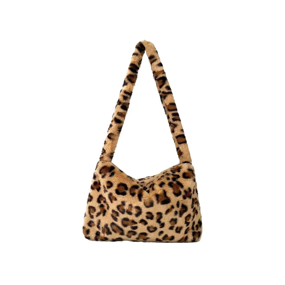 OEM ODM Custom Logo Leopard Print Faux Fur Plush Hobo Shoulder Bag Wide Strap Soft Slouchy Bag Bulk Order
