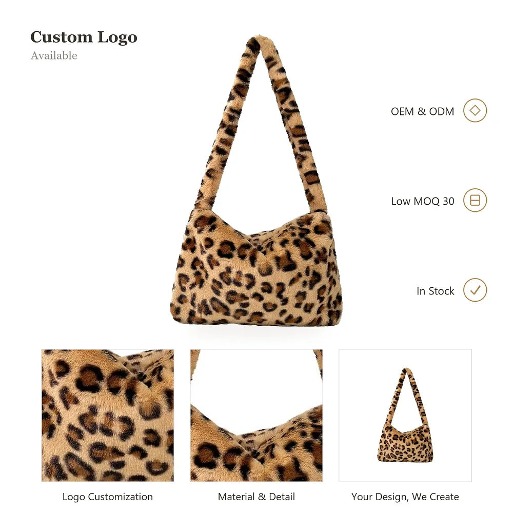 OEM ODM Custom Logo Leopard Print Faux Fur Plush Hobo Shoulder Bag Wide Strap Soft Slouchy Bag Bulk Order