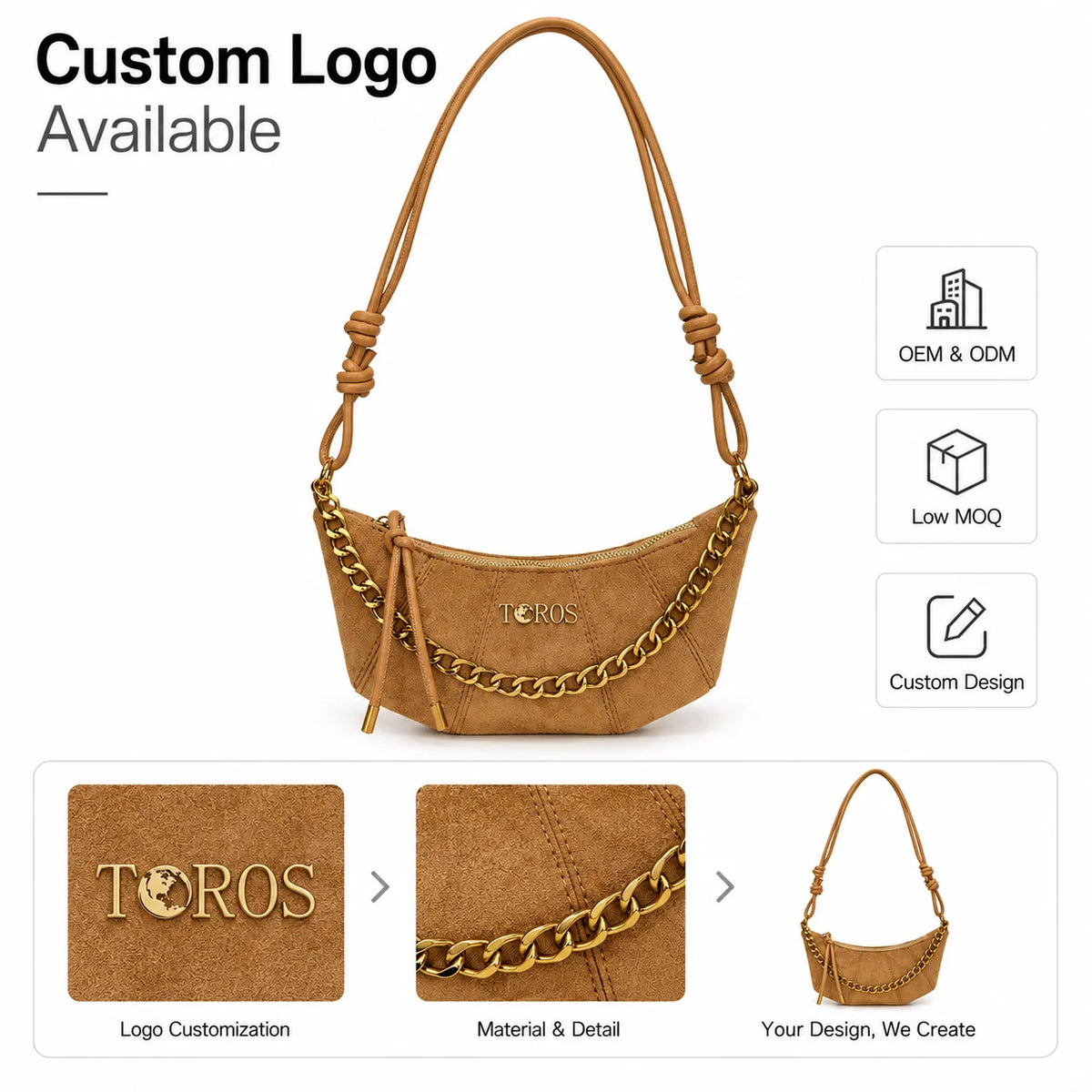 OEM ODM Custom Metal Logo Suede Finish PU Dumpling Bag Gold Chain Cord Strap Crescent Shoulder Bag Bulk Order