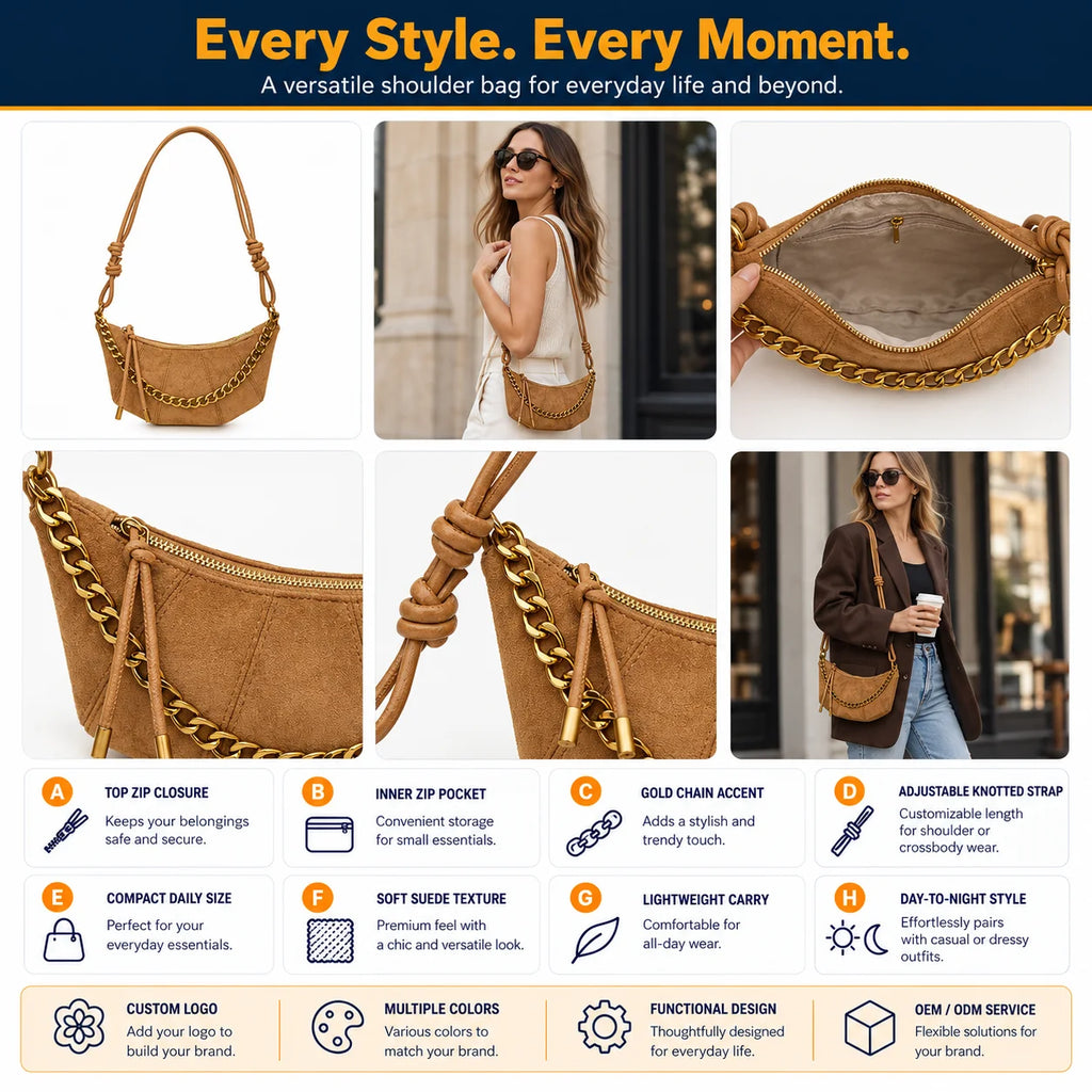 OEM ODM Custom Metal Logo Suede Finish PU Dumpling Bag Gold Chain Cord Strap Crescent Shoulder Bag Bulk Order