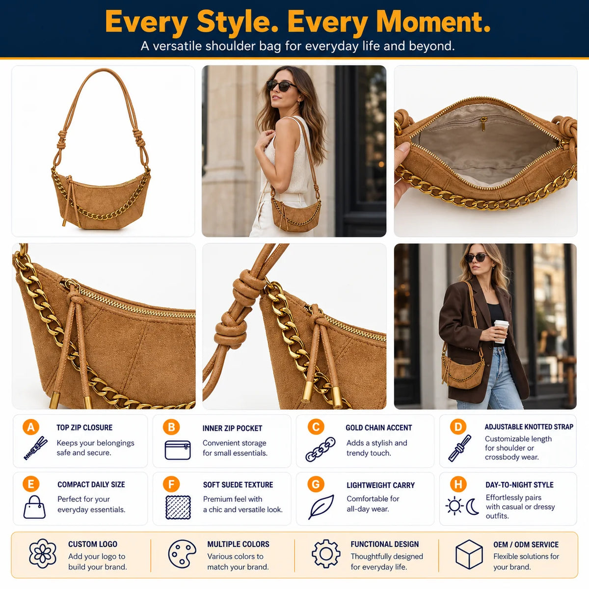 OEM ODM Custom Metal Logo Suede Finish PU Dumpling Bag Gold Chain Cord Strap Crescent Shoulder Bag Bulk Order