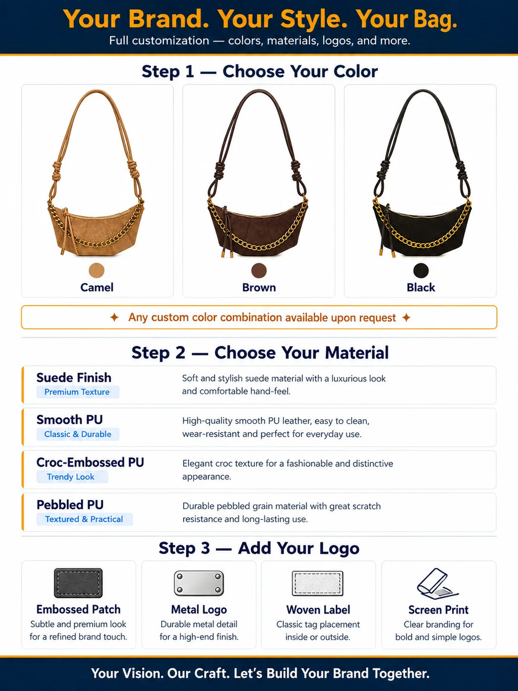OEM ODM Custom Metal Logo Suede Finish PU Dumpling Bag Gold Chain Cord Strap Crescent Shoulder Bag Bulk Order