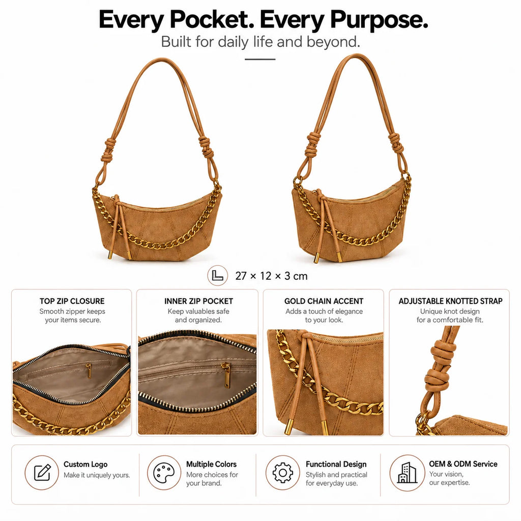 OEM ODM Custom Metal Logo Suede Finish PU Dumpling Bag Gold Chain Cord Strap Crescent Shoulder Bag Bulk Order