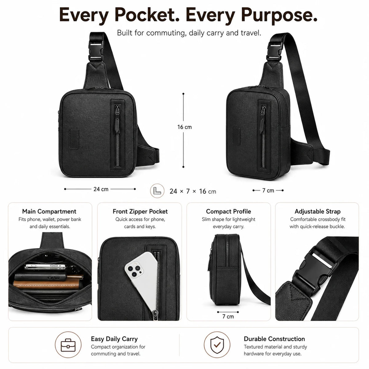 OEM ODM Men's PU Leather Sling Bag Manufacturer Custom Logo Private Label Crossbody Chest Bag for Brands