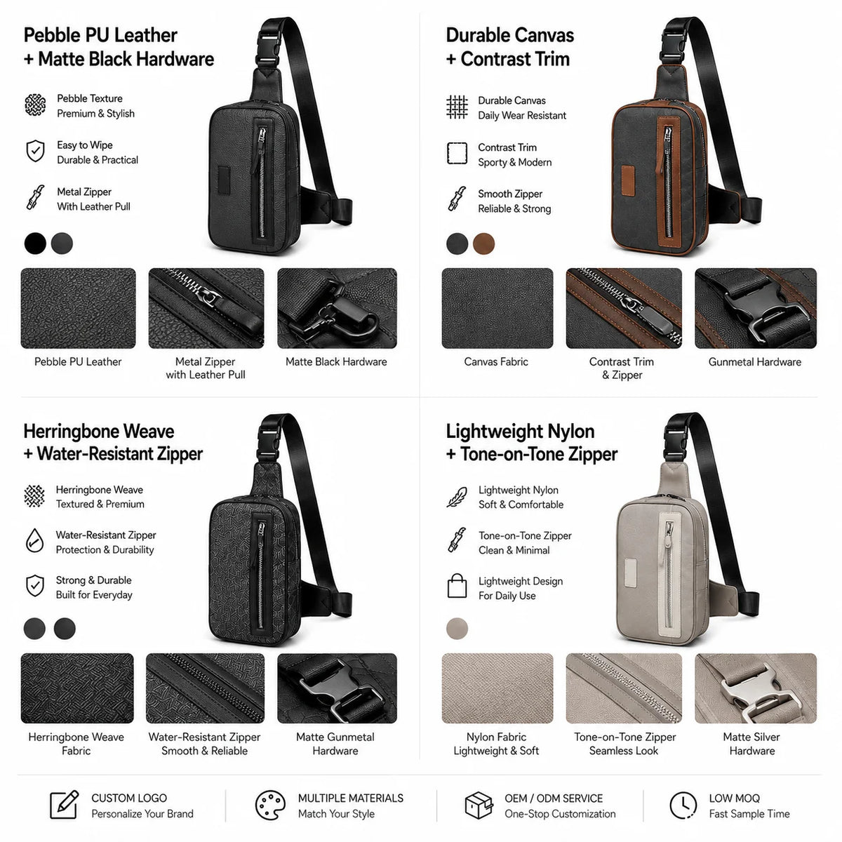 OEM ODM Men's PU Leather Sling Bag Manufacturer Custom Logo Private Label Crossbody Chest Bag for Brands