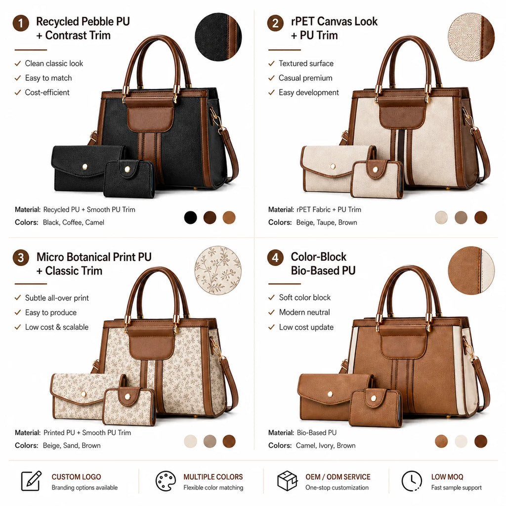 OEM ODM PU Leather Handbag Set Custom Logo Private Label Handle Tote and Crossbody Bags for Brands