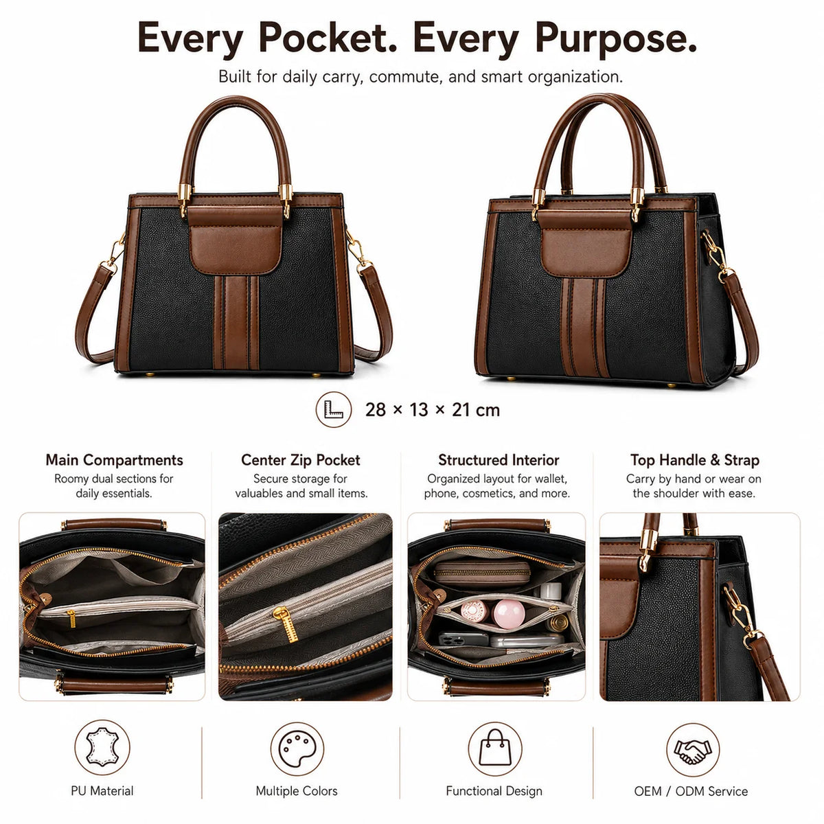 OEM ODM PU Leather Handbag Set Custom Logo Private Label Handle Tote and Crossbody Bags for Brands