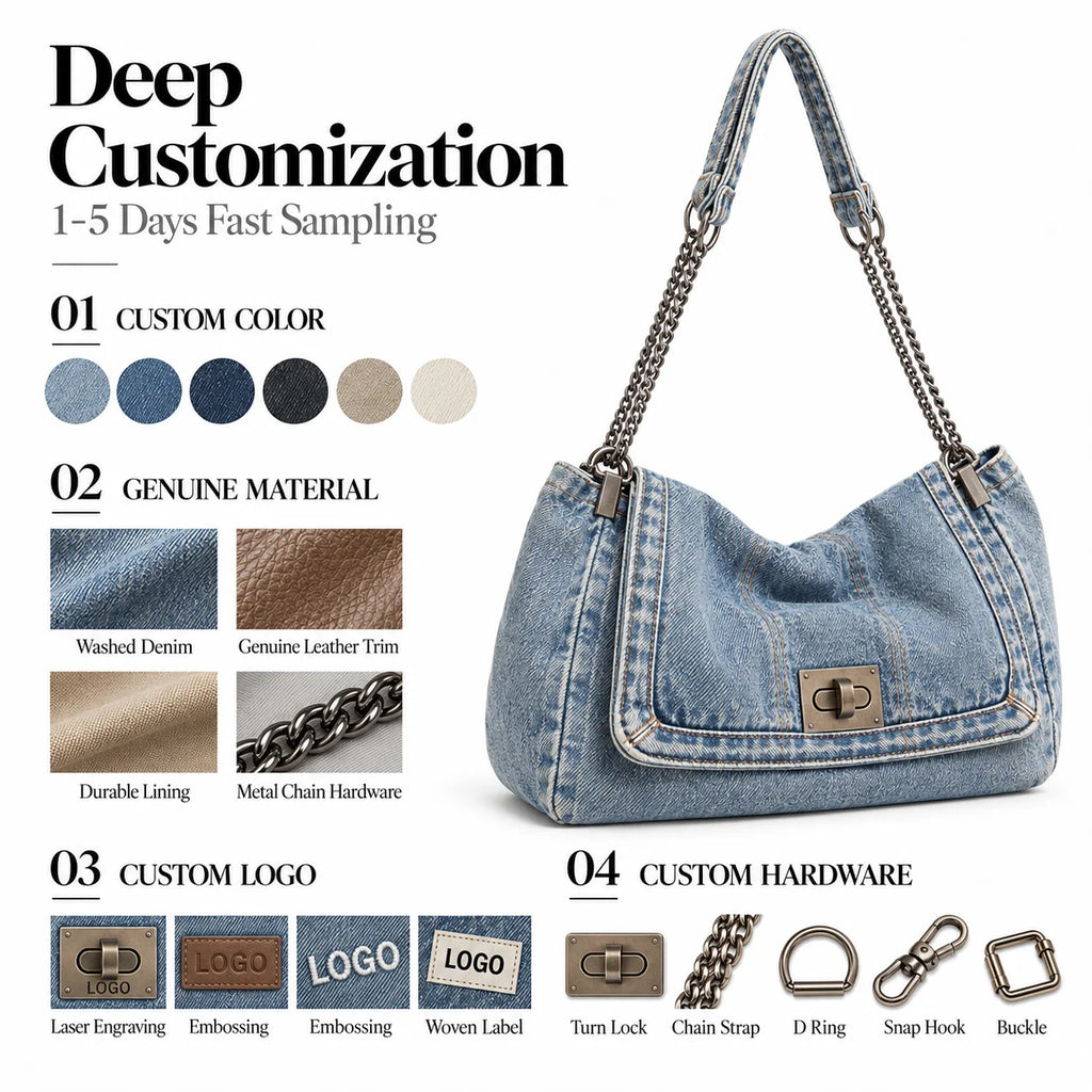 OEM ODM Private Label Denim Shoulder Bag Manufacturer BSCI Custom Color Logo Washed Denim Chain Hobo Bag for Work City Weekend
