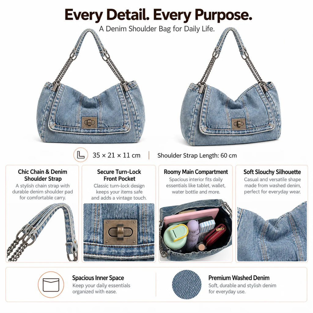 OEM ODM Private Label Denim Shoulder Bag Manufacturer BSCI Custom Color Logo Washed Denim Chain Hobo Bag for Work City Weekend