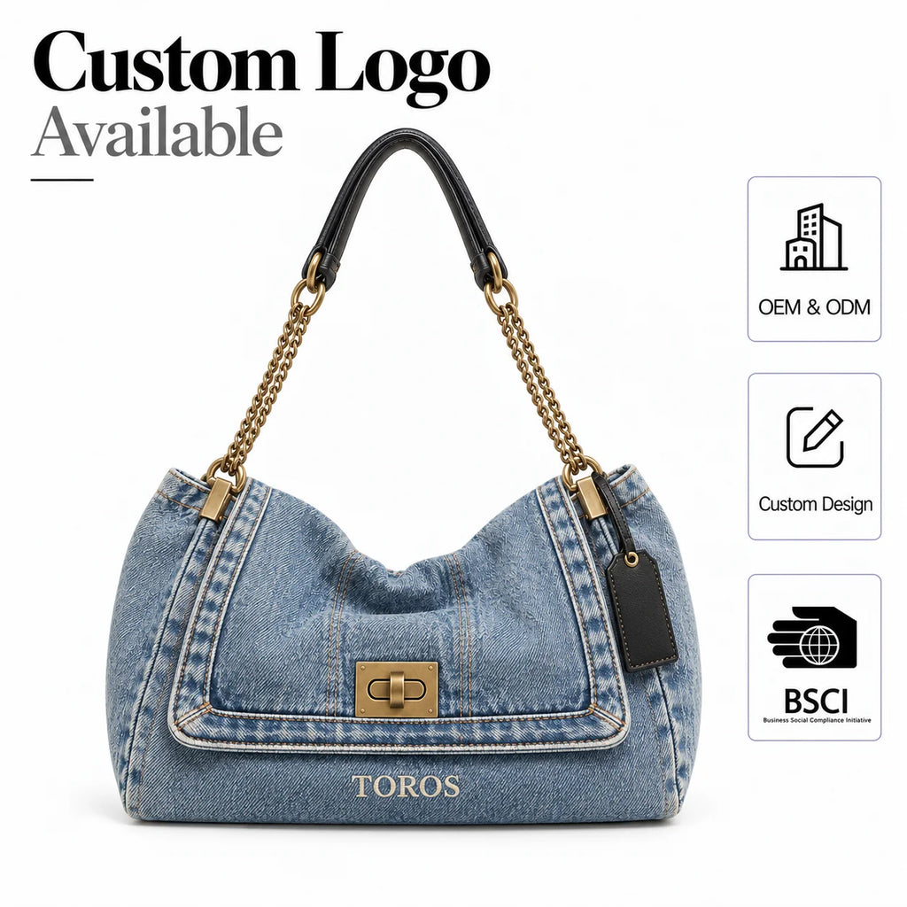 OEM ODM Private Label Denim Shoulder Bag Manufacturer BSCI Custom Color Logo Washed Denim Chain Hobo Bag for Work City Weekend