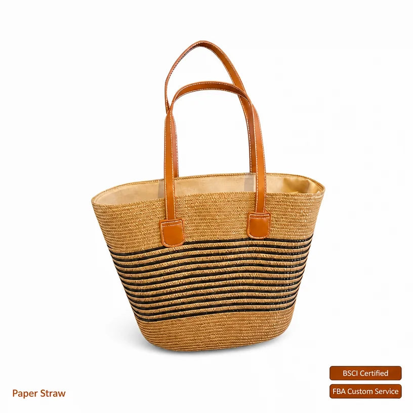 OEM Paper Straw Woven Beach Bag Custom Logo Low MOQ Women Large Capacity Shoulder Tote Boho Holiday Basket Bag Wholesale