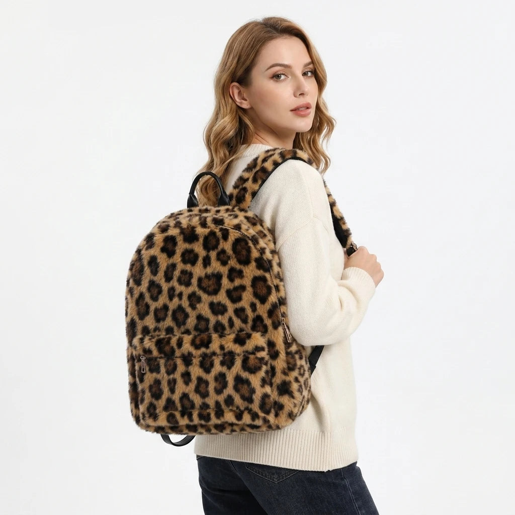 OEM Vintage Fax Fur Waterproof Backpack Custom Logo Applique Low MOQ Women Polyester Lining Portable School Travel Bag Wholesale