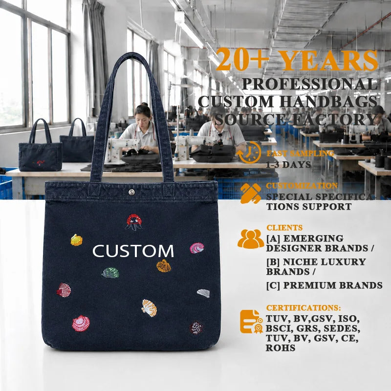 Ocean Seashell Embroidered Tote Bag, Denim/Canvas Shoulder Handbag, Multi-Color Fabric Custom Logo, OEM/ODM Low MOQ Wholesale