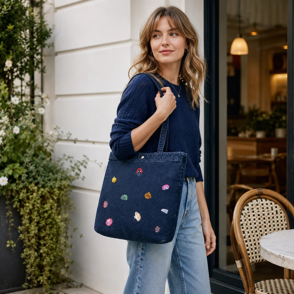 Ocean Seashell Embroidered Tote Bag, Denim/Canvas Shoulder Handbag, Multi-Color Fabric Custom Logo, OEM/ODM Low MOQ Wholesale