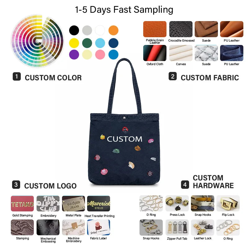 Ocean Seashell Embroidered Tote Bag, Denim/Canvas Shoulder Handbag, Multi-Color Fabric Custom Logo, OEM/ODM Low MOQ Wholesale