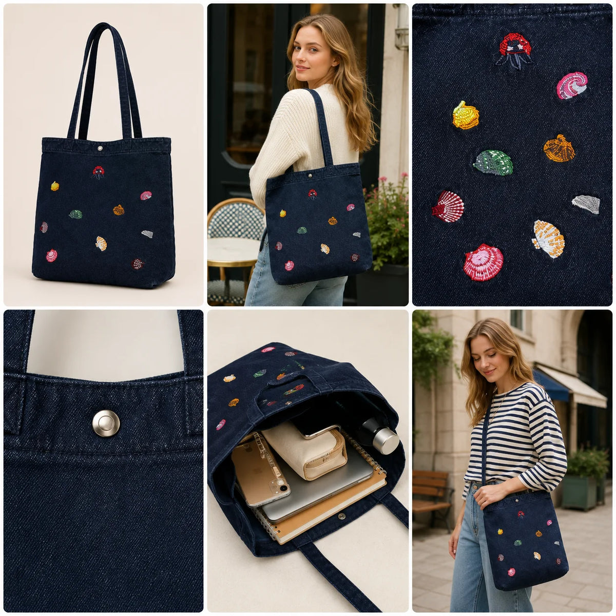 Ocean Seashell Embroidered Tote Bag, Denim/Canvas Shoulder Handbag, Multi-Color Fabric Custom Logo, OEM/ODM Low MOQ Wholesale