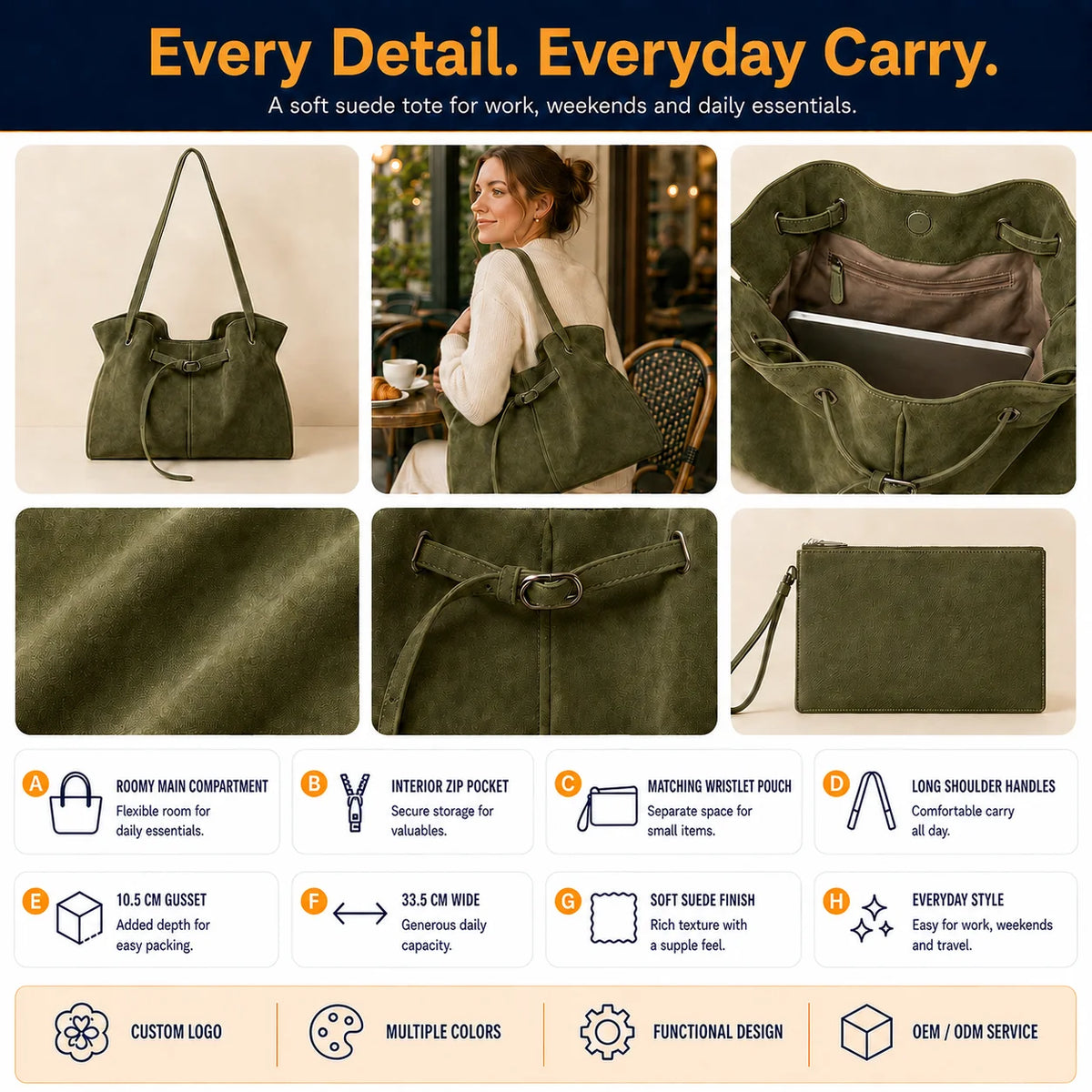 Olive Suede Tote Bag, Drawstring Buckle Front Detail, Long Strap Shoulder Handbag, Multi-Color Custom Logo, OEM/ODM Wholesale