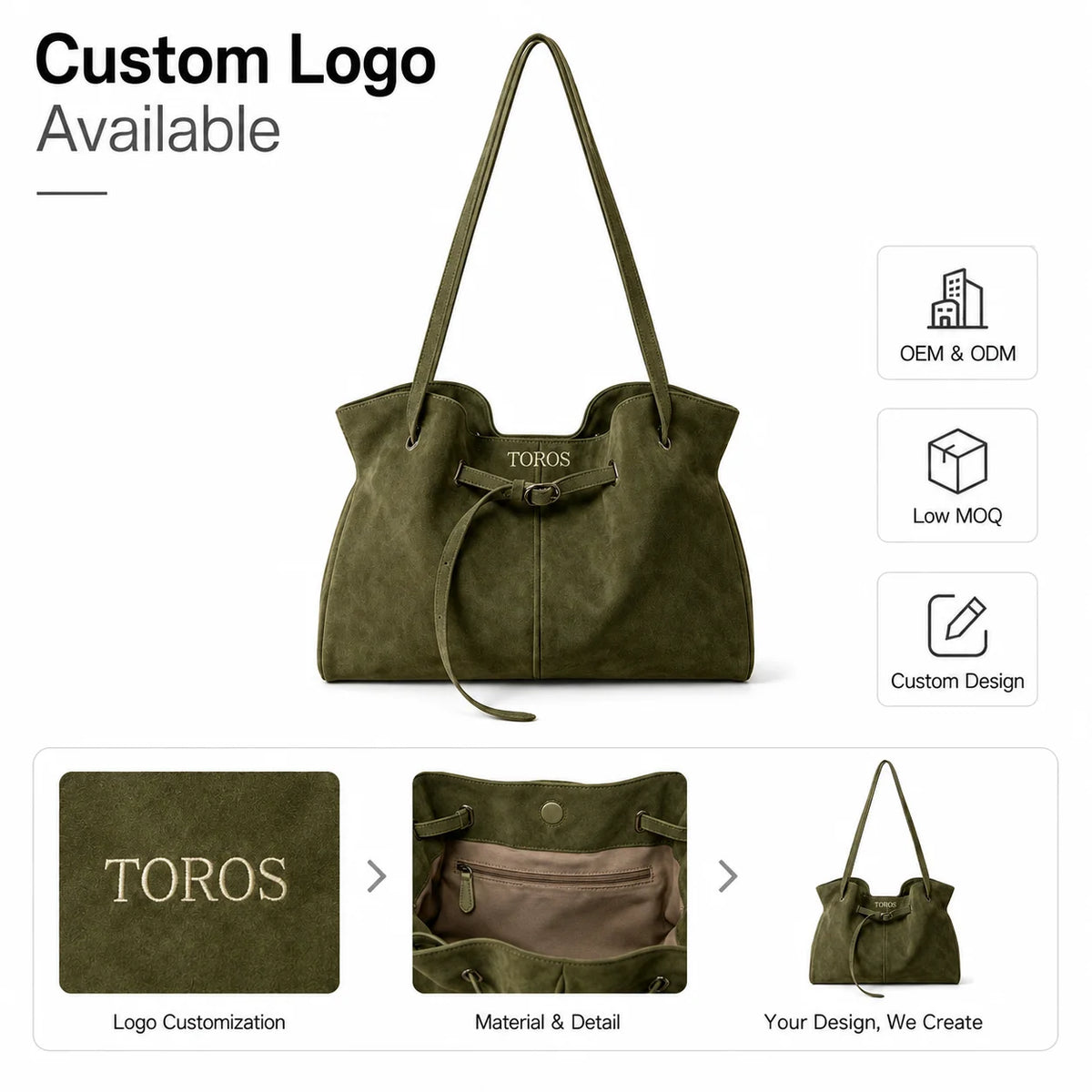 Olive Suede Tote Bag, Drawstring Buckle Front Detail, Long Strap Shoulder Handbag, Multi-Color Custom Logo, OEM/ODM Wholesale
