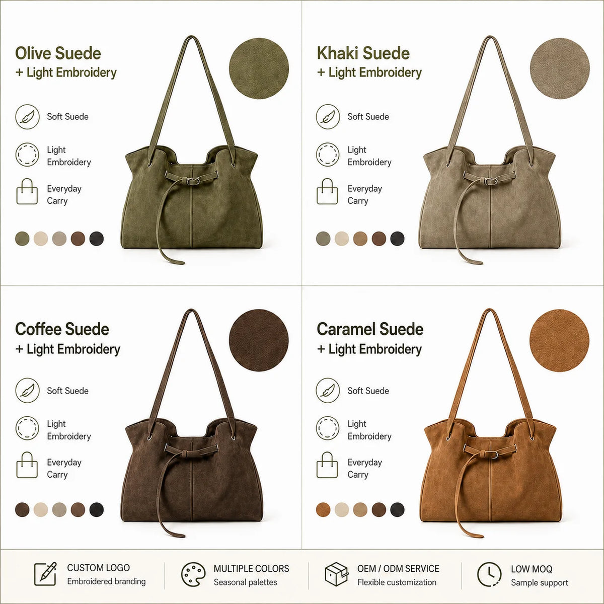 Olive Suede Tote Bag, Drawstring Buckle Front Detail, Long Strap Shoulder Handbag, Multi-Color Custom Logo, OEM/ODM Wholesale