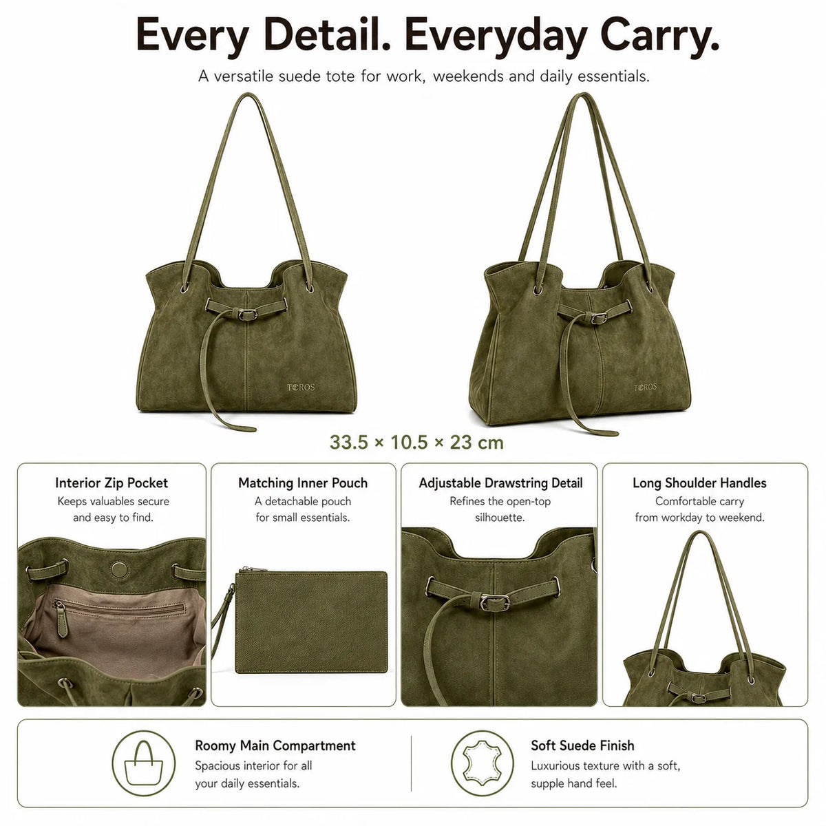 Olive Suede Tote Bag, Drawstring Buckle Front Detail, Long Strap Shoulder Handbag, Multi-Color Custom Logo, OEM/ODM Wholesale