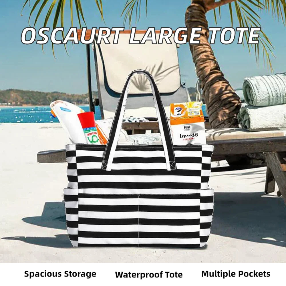 Oscaurt Large PU Open Closure Waterproof Tote Bag 8 Pockets Foldable Travel Beach Pool Gym Work Shopping Gifts Women