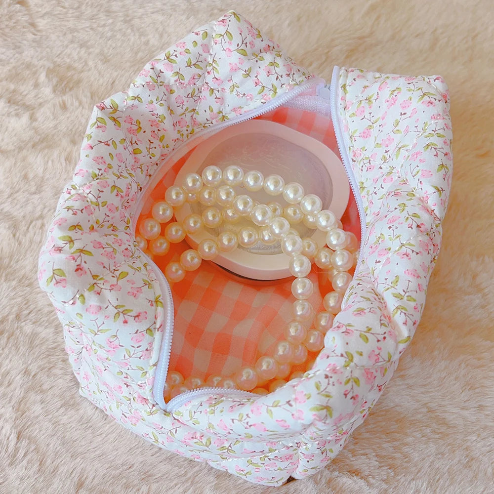 Personality Beauty Zipper Travel Skincare Cute Cosmetic Pouch Floral Quilted Makeup Bag