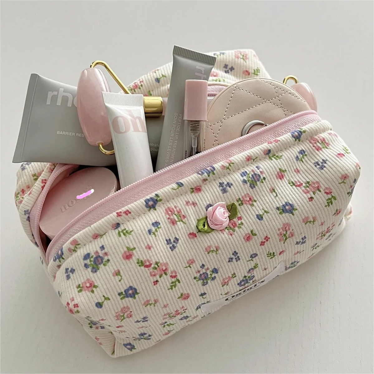 Personalized Design Flower Makeup Bag Bow Cosmetic Pouch Travel Toiletry Bag Handmade Corduroy Decoration Makeup Bag