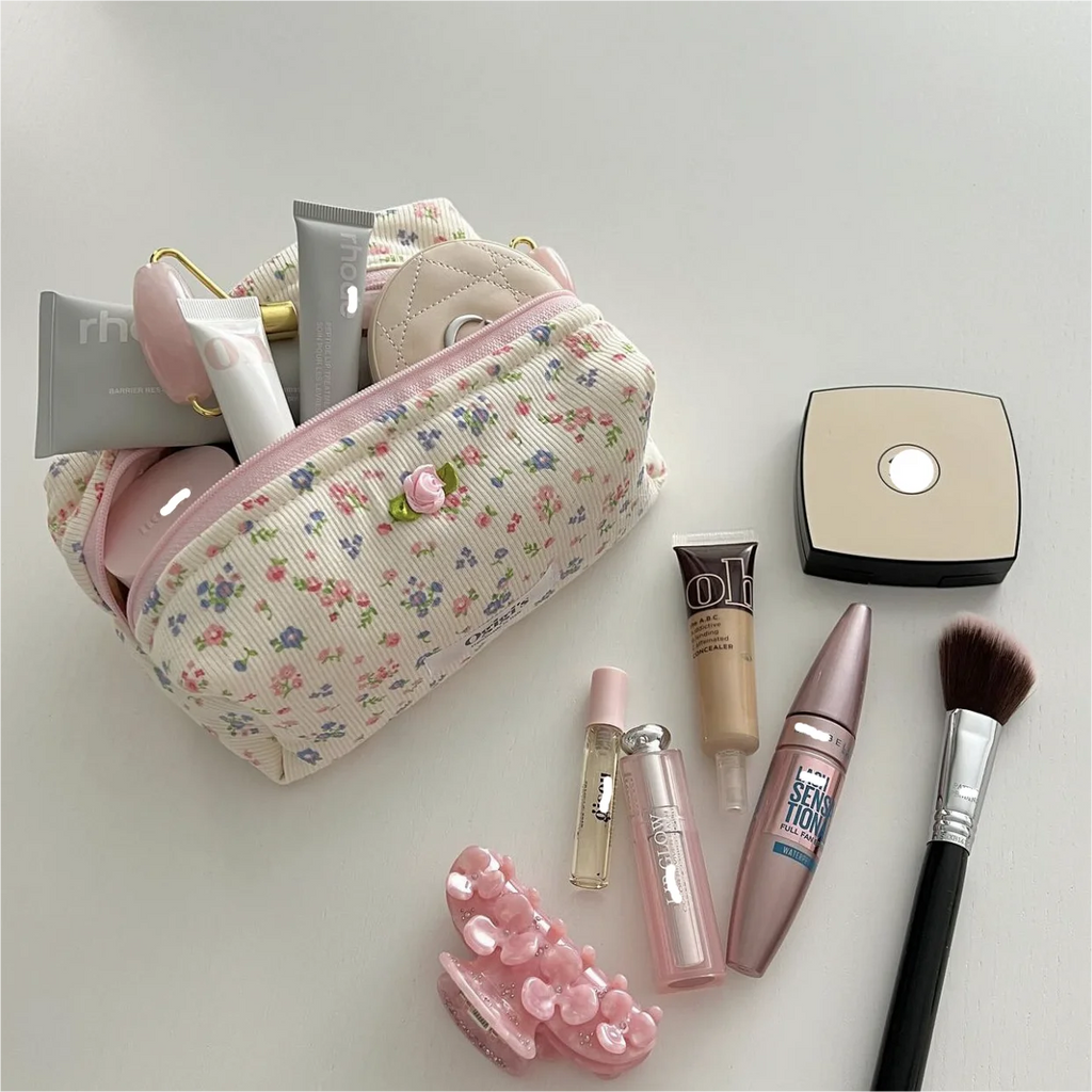 Personalized Design Flower Makeup Bag Bow Cosmetic Pouch Travel Toiletry Bag Handmade Corduroy Decoration Makeup Bag
