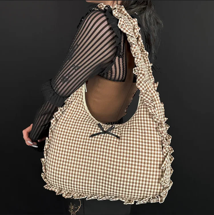 Personalized Gingham Shoulder Bag Ruffle Weekender Women Tote Bag Mini Beach Bag With Bow