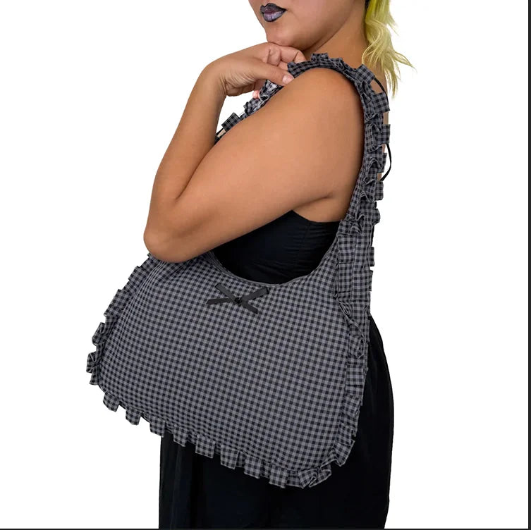 Personalized Gingham Shoulder Bag Ruffle Weekender Women Tote Bag Mini Beach Bag With Bow