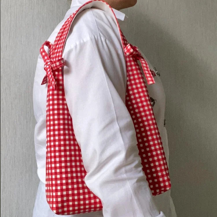 Personalized Handmade Red Gingham Tote Bag Cute Mini Bow Hobo Bag Cotton Canvas Shoulder Bag