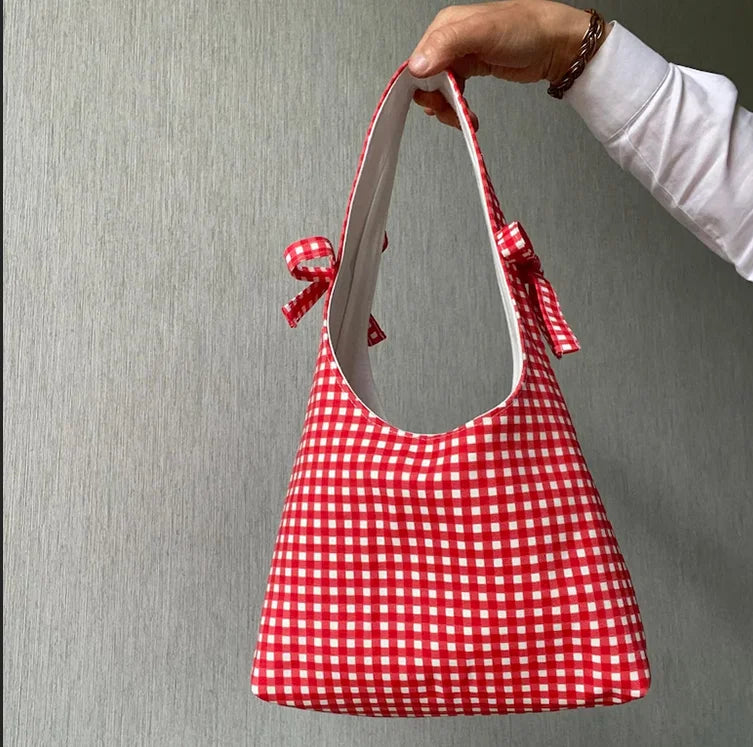 Personalized Handmade Red Gingham Tote Bag Cute Mini Bow Hobo Bag Cotton Canvas Shoulder Bag