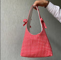Personalized Handmade Red Gingham Tote Bag Cute Mini Bow Hobo Bag Cotton Canvas Shoulder Bag