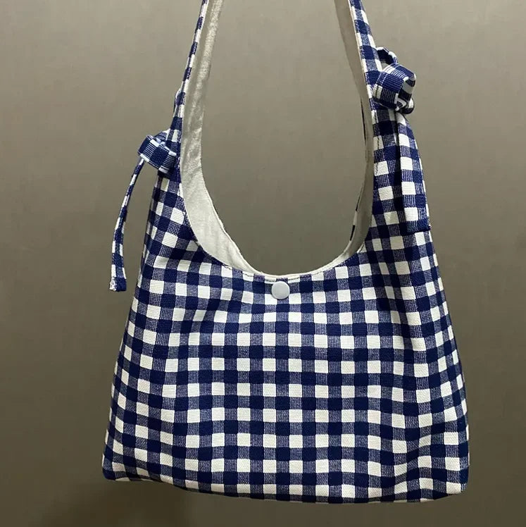 Personalized Handmade Red Gingham Tote Bag Cute Mini Bow Hobo Bag Cotton Canvas Shoulder Bag